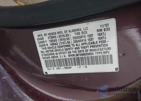 2008 Honda Odyssey Ex-L z USA, uszkodzony, nr VIN 5FNRL387X8B009805